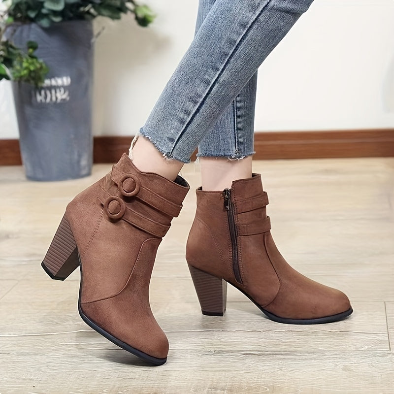 Women Ankle Booties Solid Color Fabric Pointed Toe Block Heel Shoes