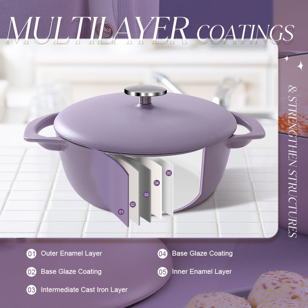 Enamel Cast Iron Dutch Oven with Dual Handles, Non-Stick Coating, 4 Qt