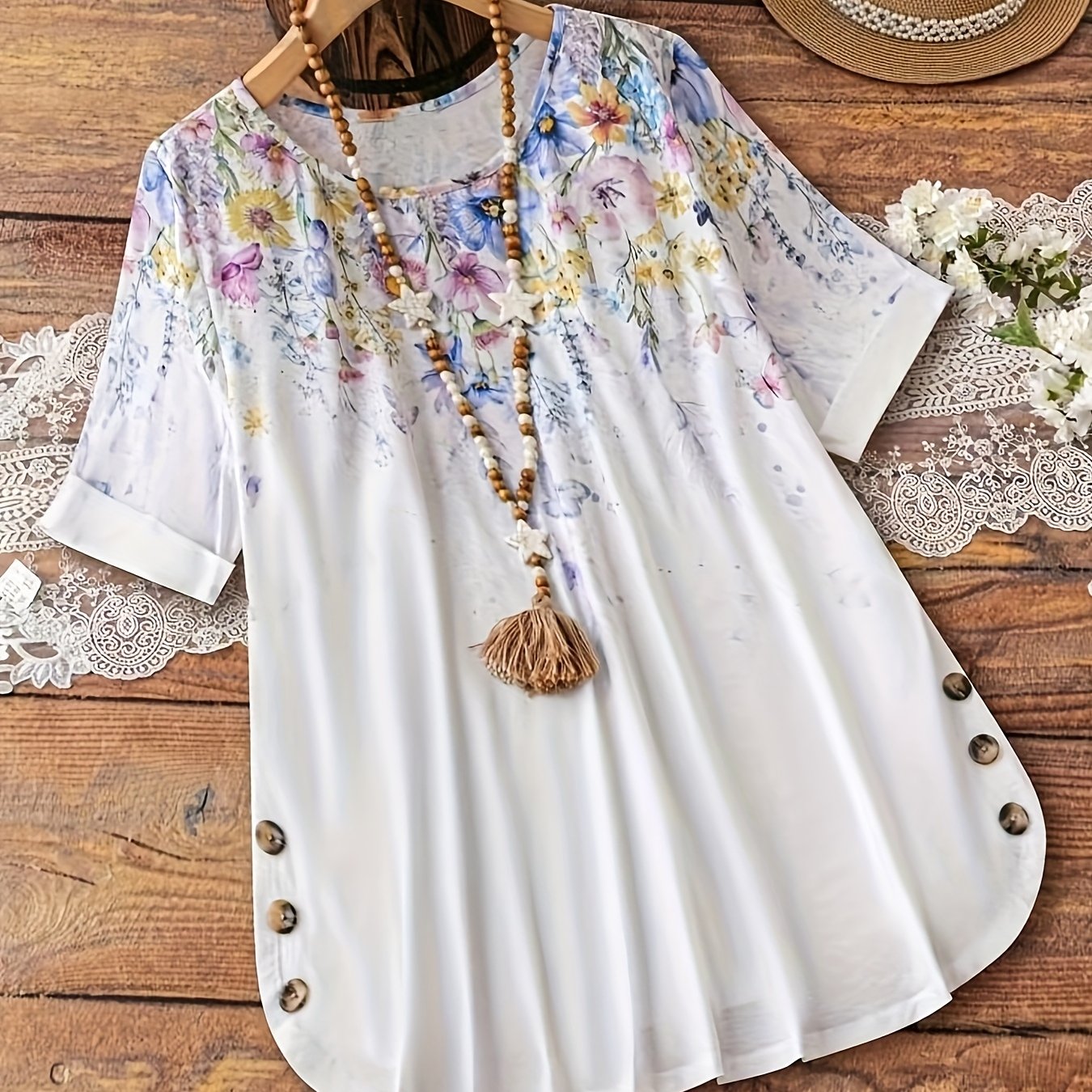Plus-Size Women's Short Sleeve Floral T-Shirt with Printed Buttons and Crew Neck