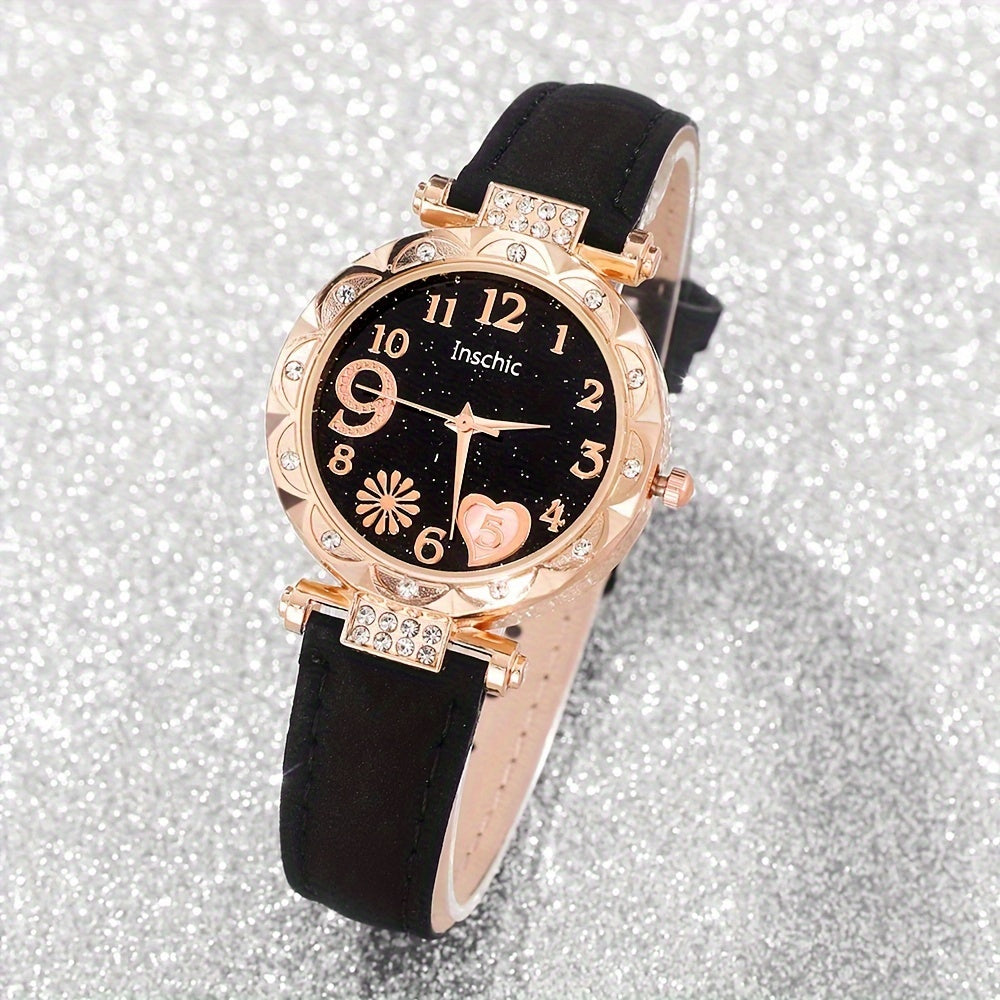 Set of 6 Women's Heart Design Quartz Watches with Rhinestones Leather Bands and Bracelets