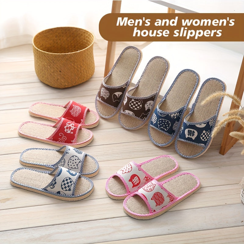 Unisex Linen Indoor Slippers Breathable EVA Sole Casual Animal Print