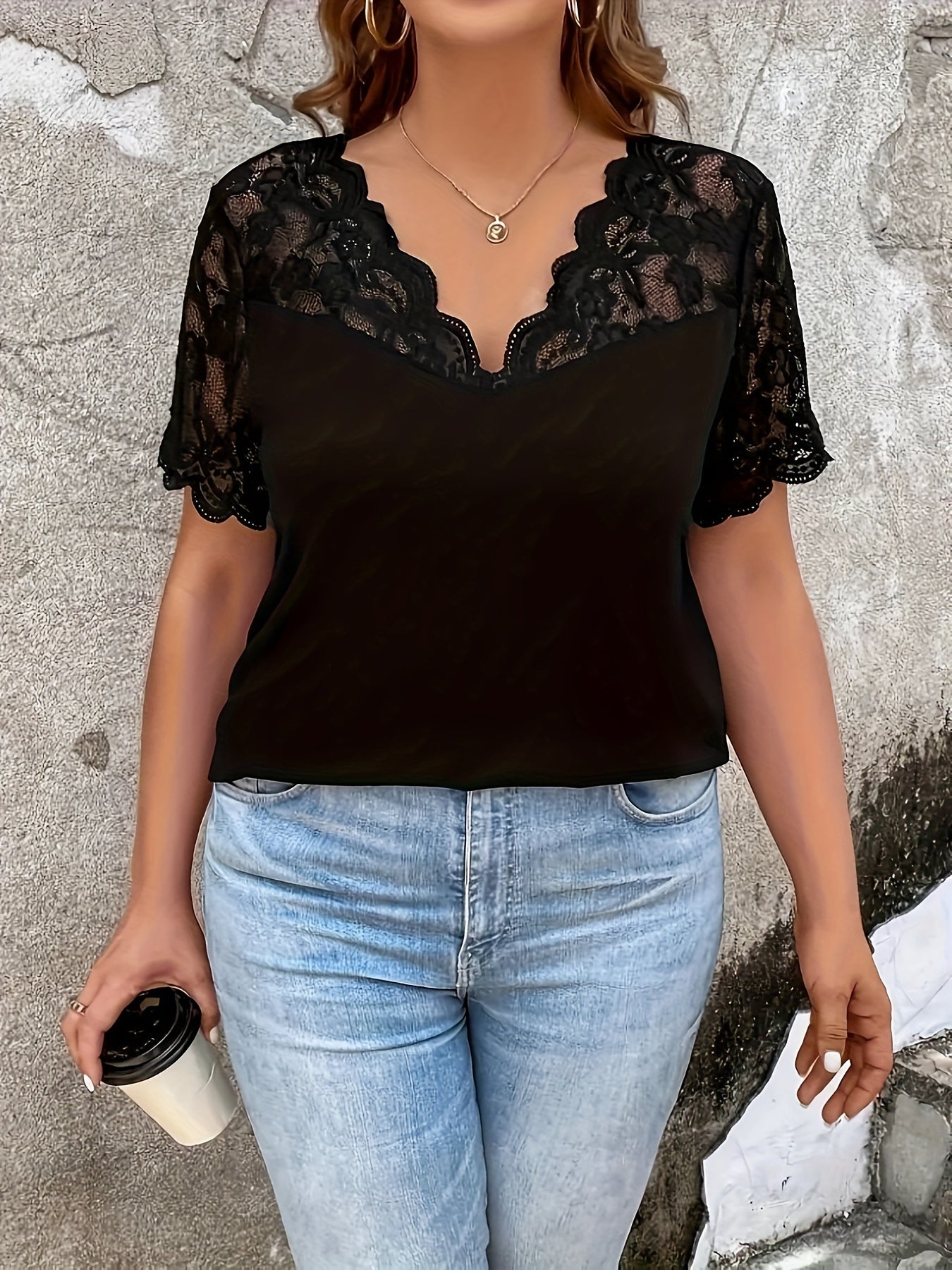 Plus Size V-Neck Short Sleeve T-Shirt with Lace Trim and Scallop Edge