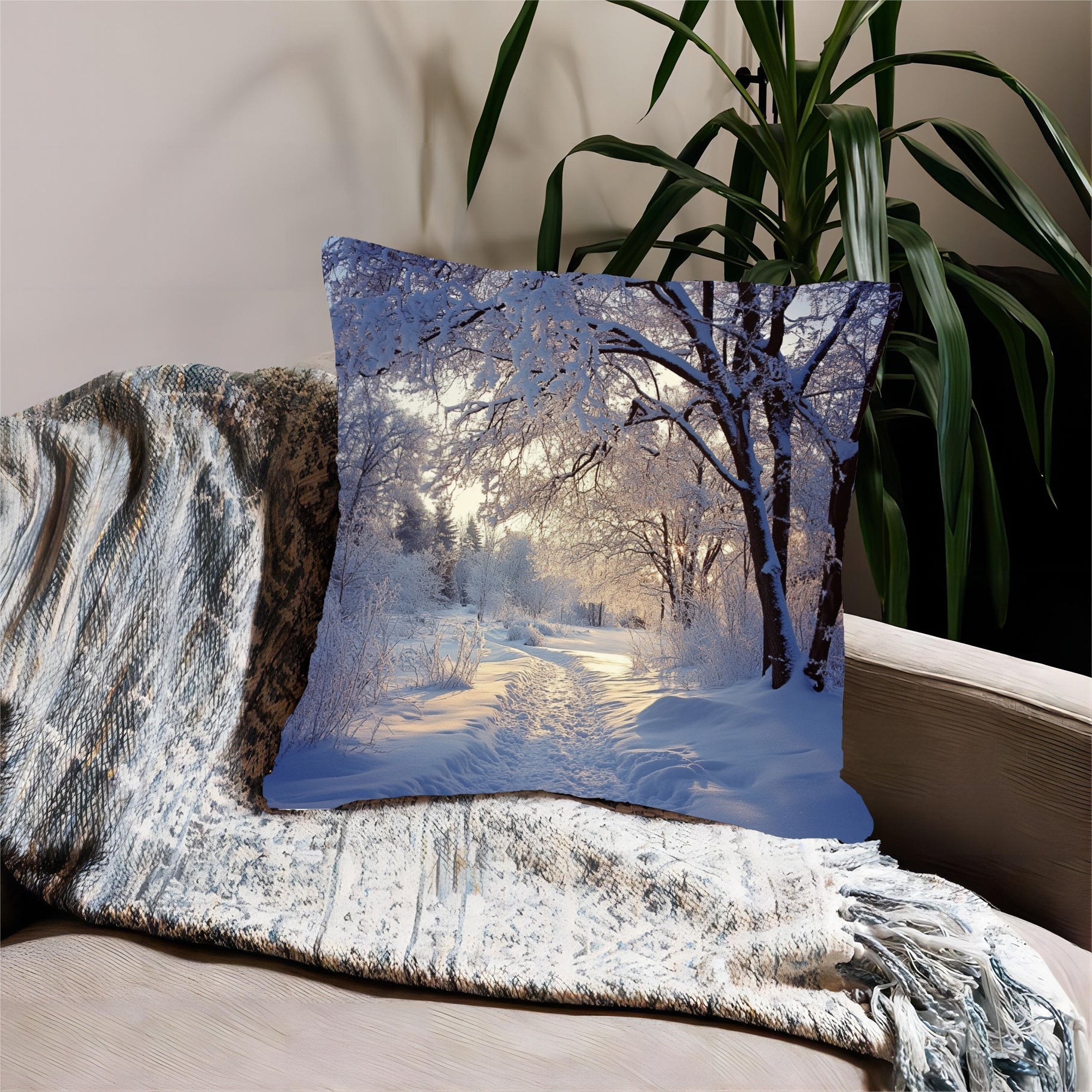 Winter Wonderland Snow Scene Throw Pillow Cover 45.72cm Short Plush Polyester