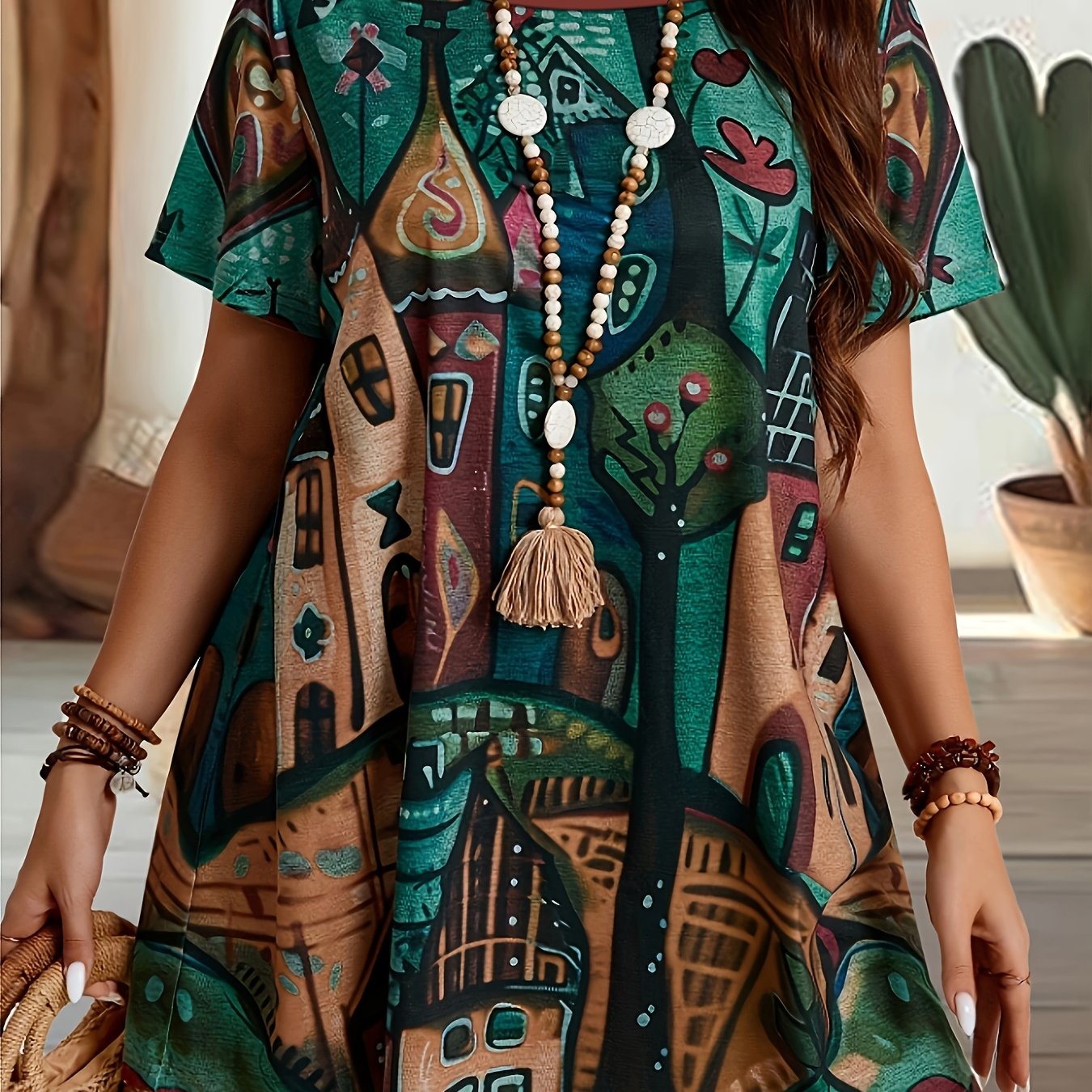 Plus Size Women's Summer Casual T-Shirt Breathable Colorful Pattern Printed Top