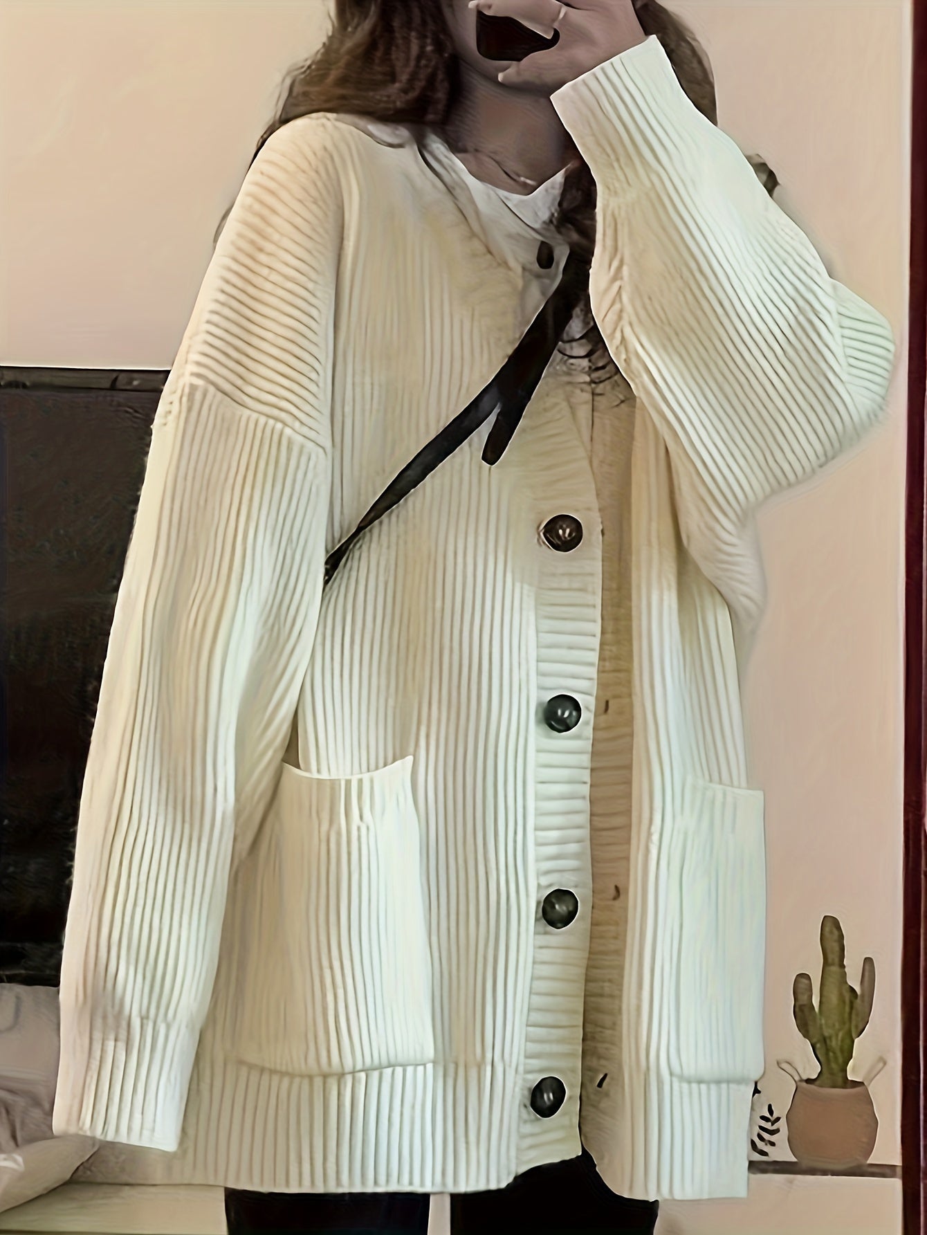 Cárdigan de punto casual para mujer con cuello en V, botones frontales y bolsillo con parche