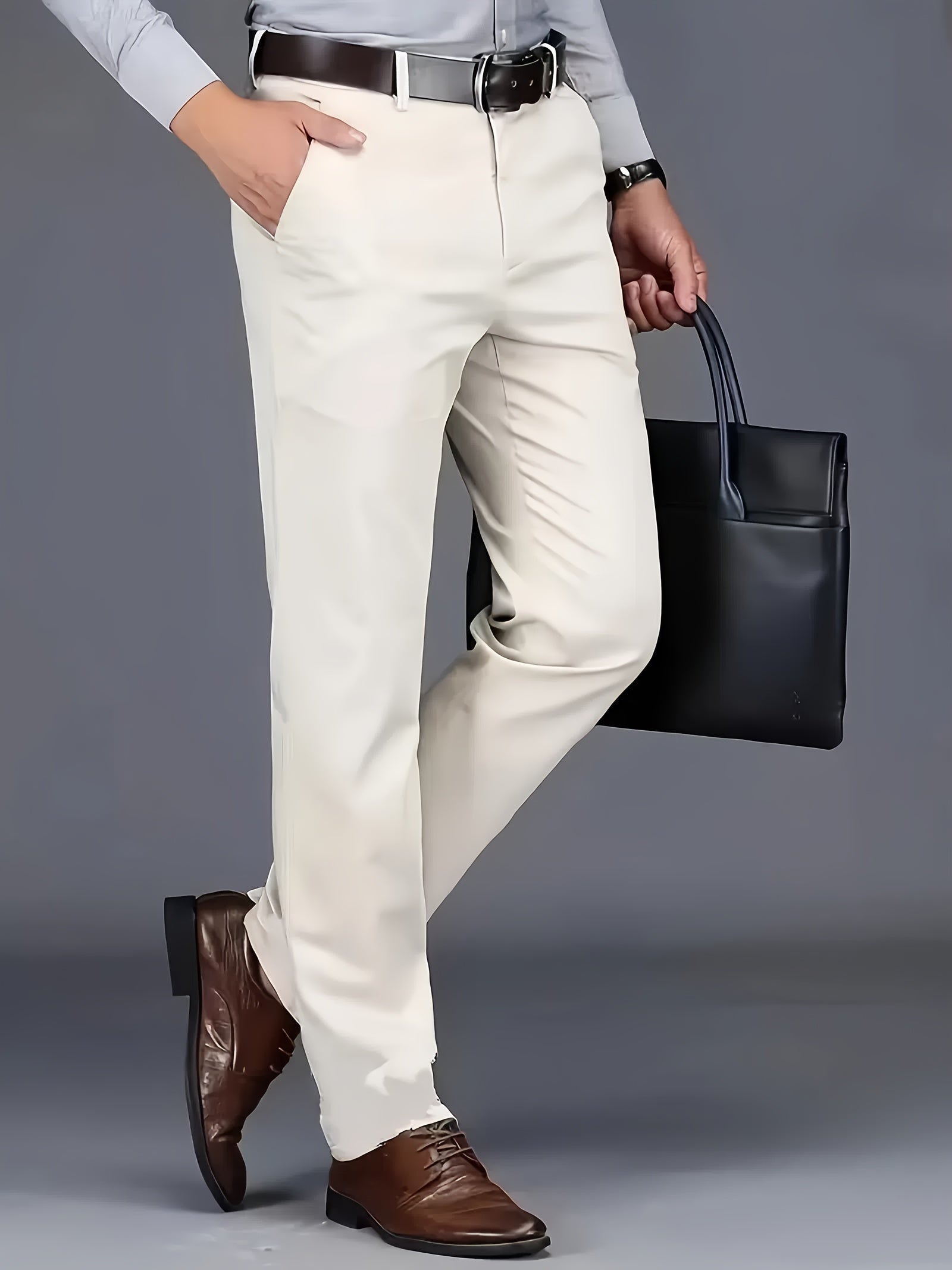 Pantalones de vestir sólidos para hombre, ligeros, de corte regular, con dobladillo, para todas las estaciones, casual de negocios