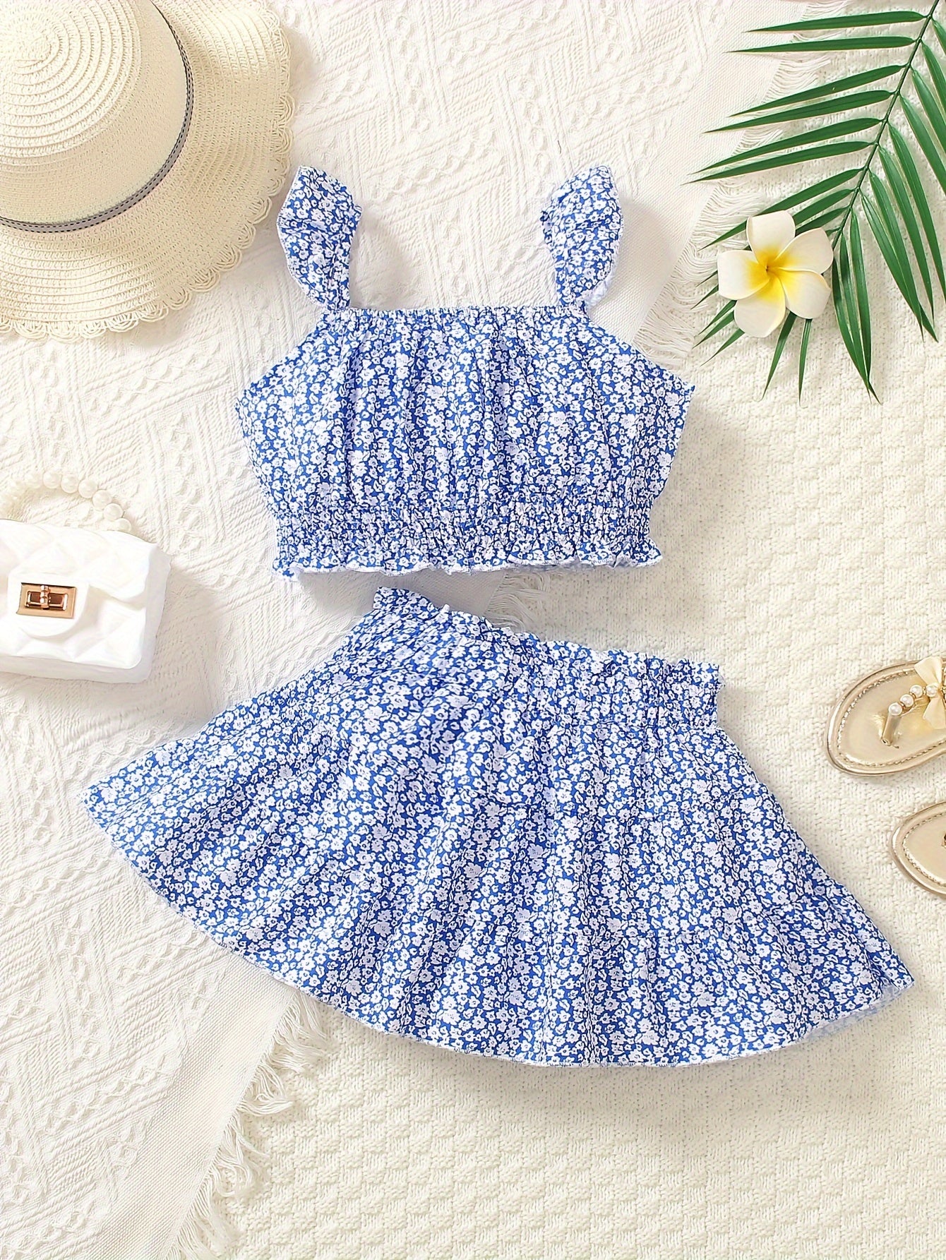 Girls Floral Summer Crop Top and Skirt Set for Outdoor Vacation