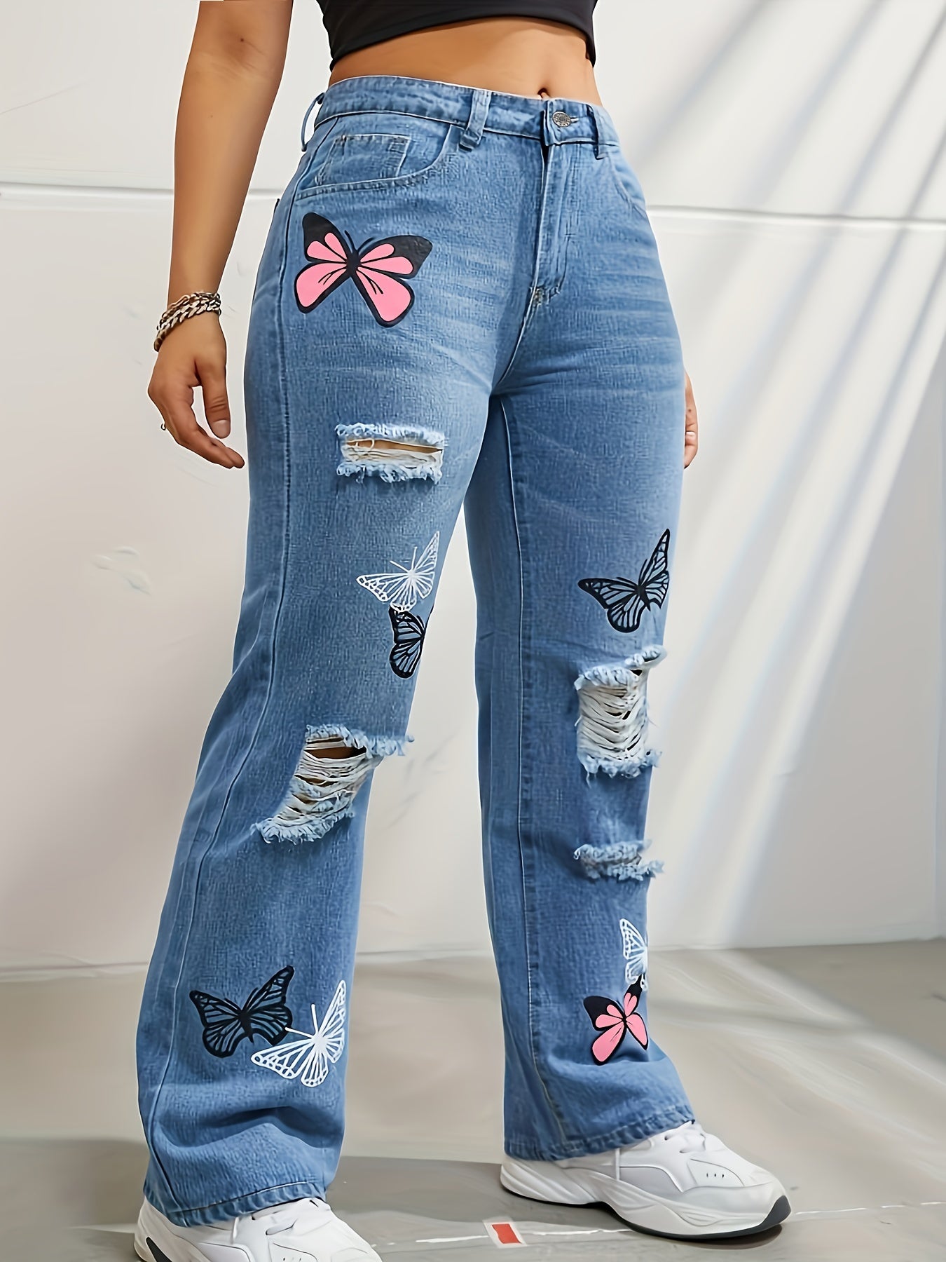 Plus Size Women's Y2K Butterfly Print Ripped High Rise Straight Leg Jeans