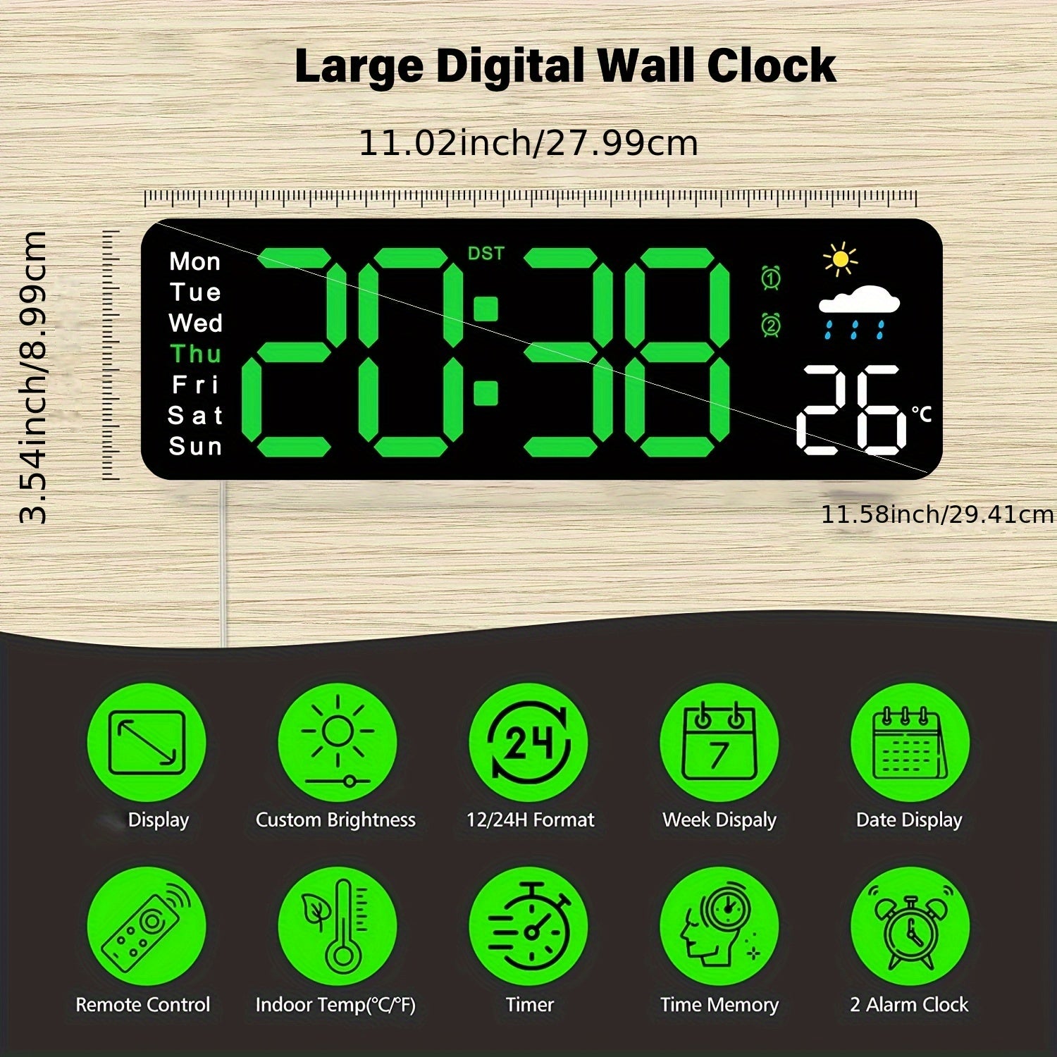 11-Inch Digital Wall Clock with Temperature Date Display Auto Dimming Snooze USB Powered Remote