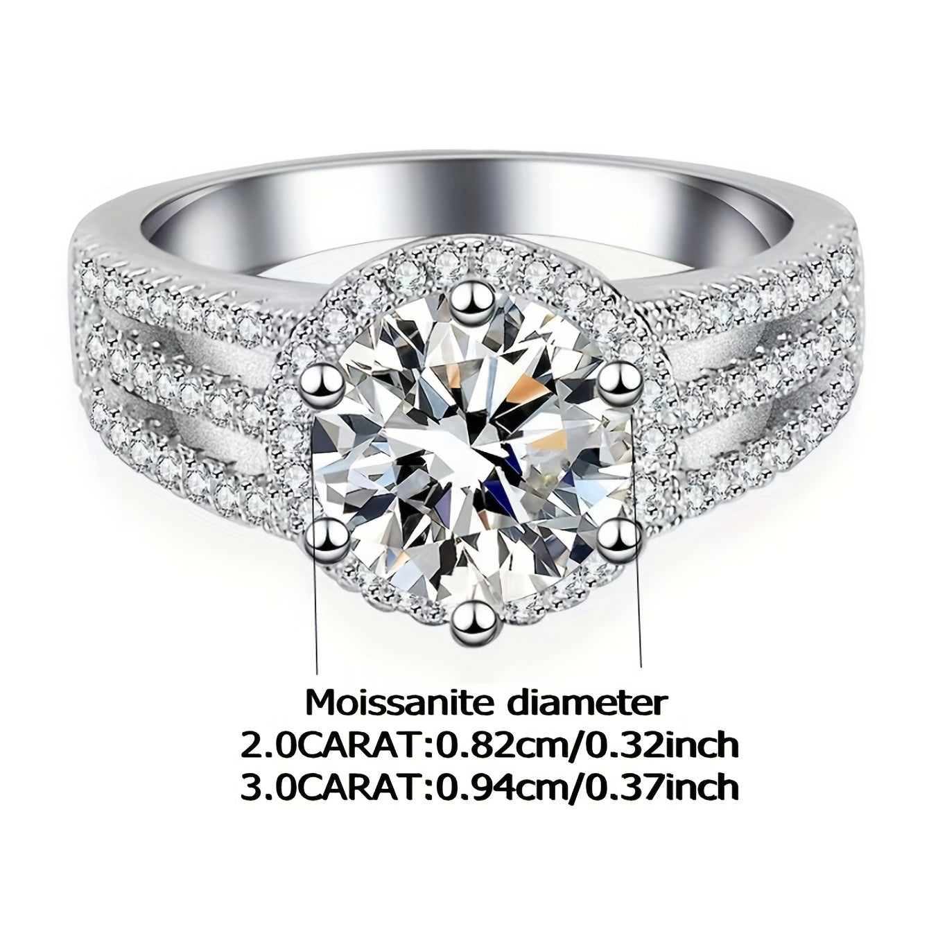 Sterling Silver Wide Band Ring with 2/3ct Moissanite and Pave Zirconia for Engagement or Wedding