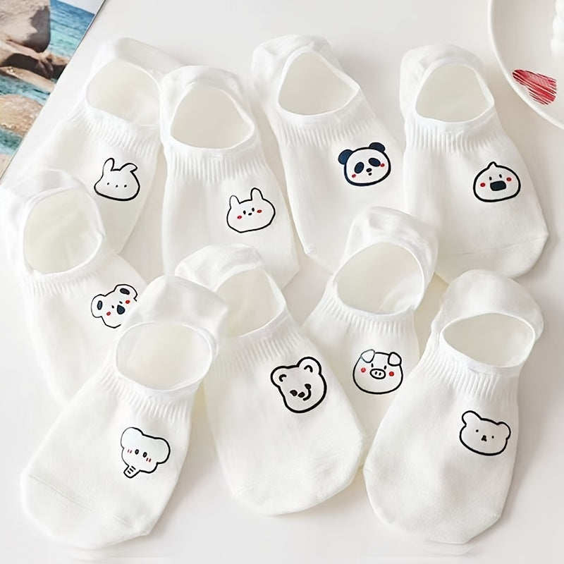 Women's Low-Cut Invisible Socks Set of 10 with Cartoon Designs Non-Slip Short Socks