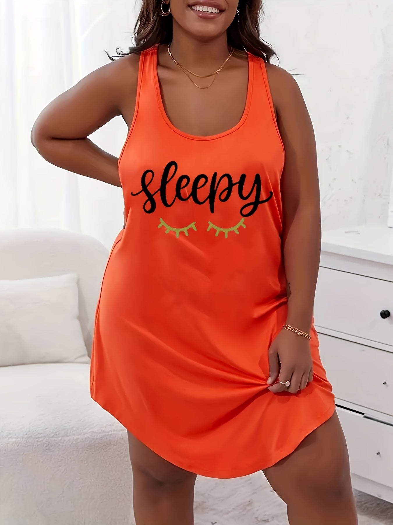 Plus Size Women's Nightgown Casual Sleep Dress Orange Leaf Print Lounge Wear
