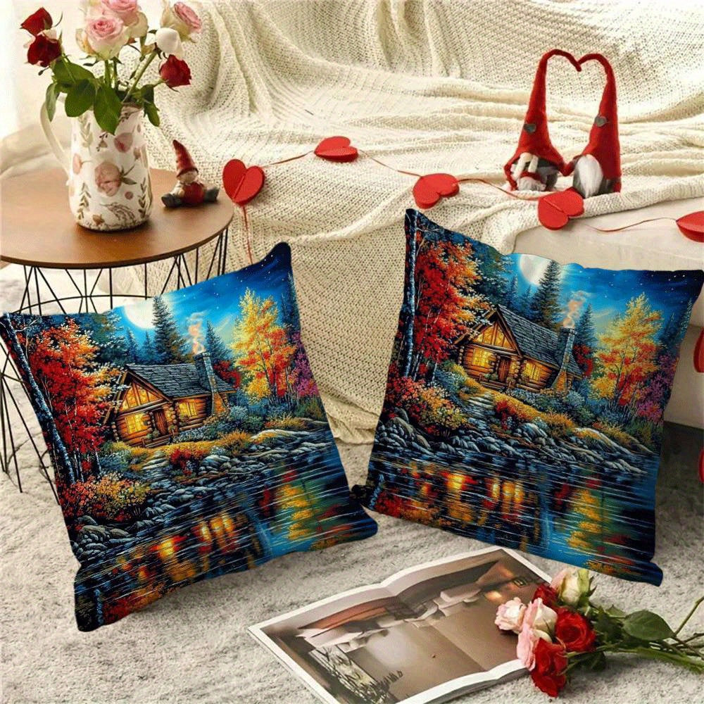 Set of 2 Flannel Pillow Cases 45.72x45.72 cm Lakeside Lodge Scenery Zippered Closure