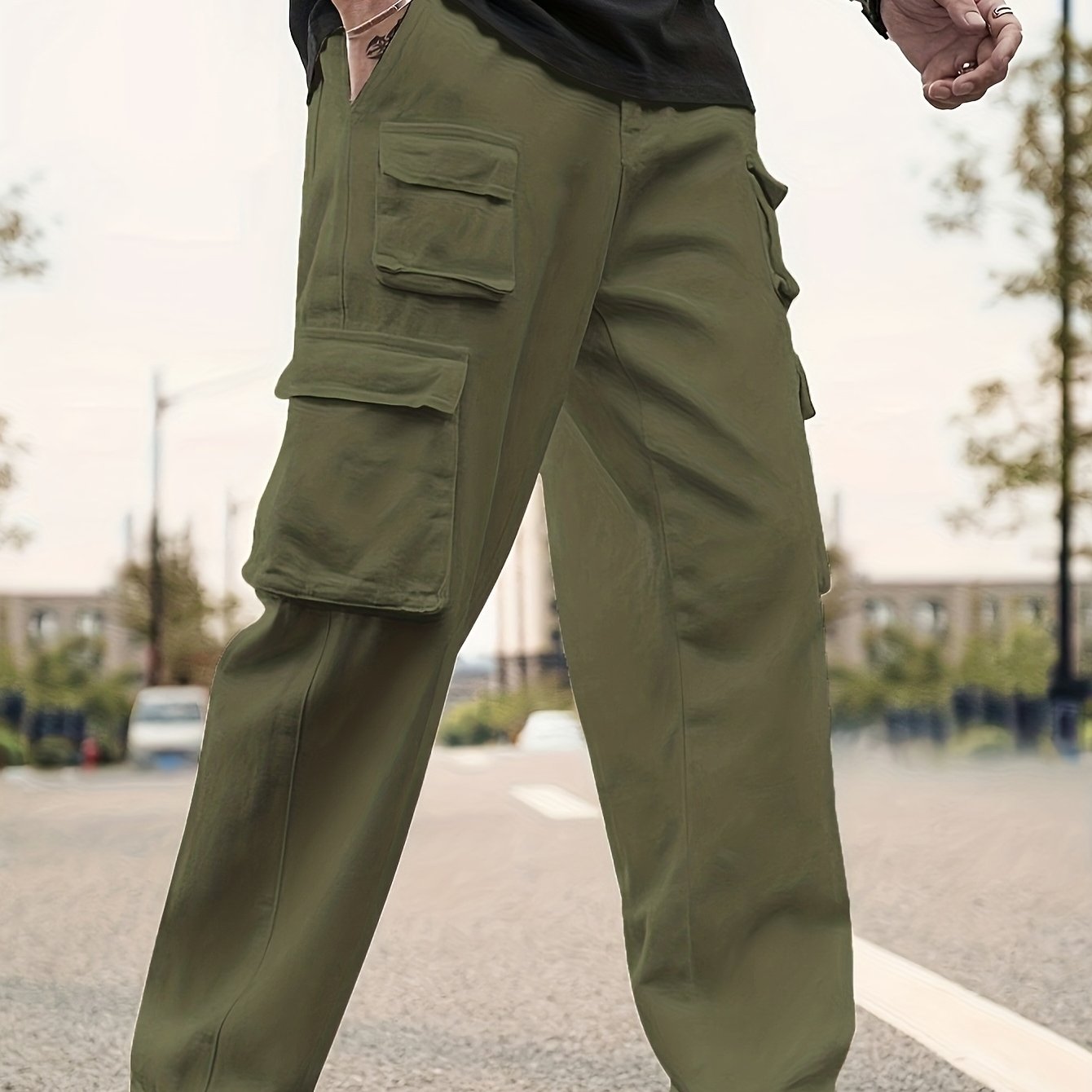 Plus Size Cargo Joggers for Men Autumn Winter Solid Woven Fabric Drawstring Regular Fit