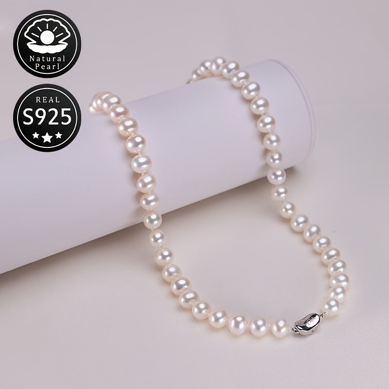 Silver Pearl Necklace with 8-9mm Natural Freshwater Pearls for Women