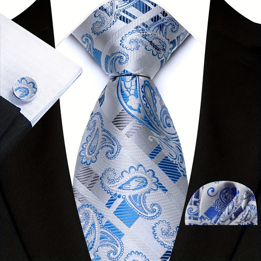 Men's Paisley Pattern Tie Set with Pocket Square and Cuffs for Business Formal