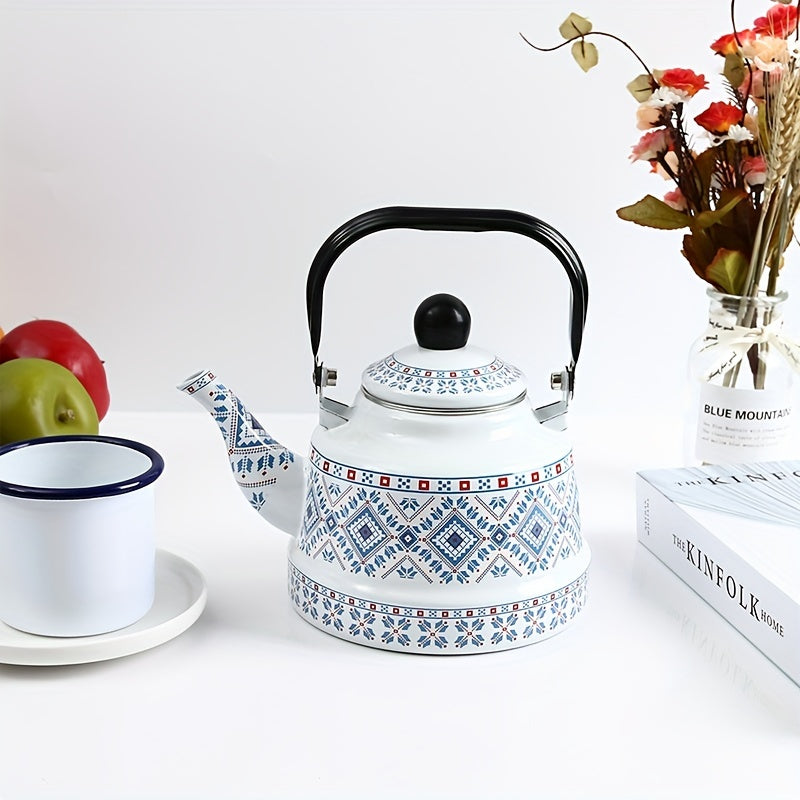 Enamel Electric Kettle 1.1L Geometric Print Memory Flower Design for Tea Coffee