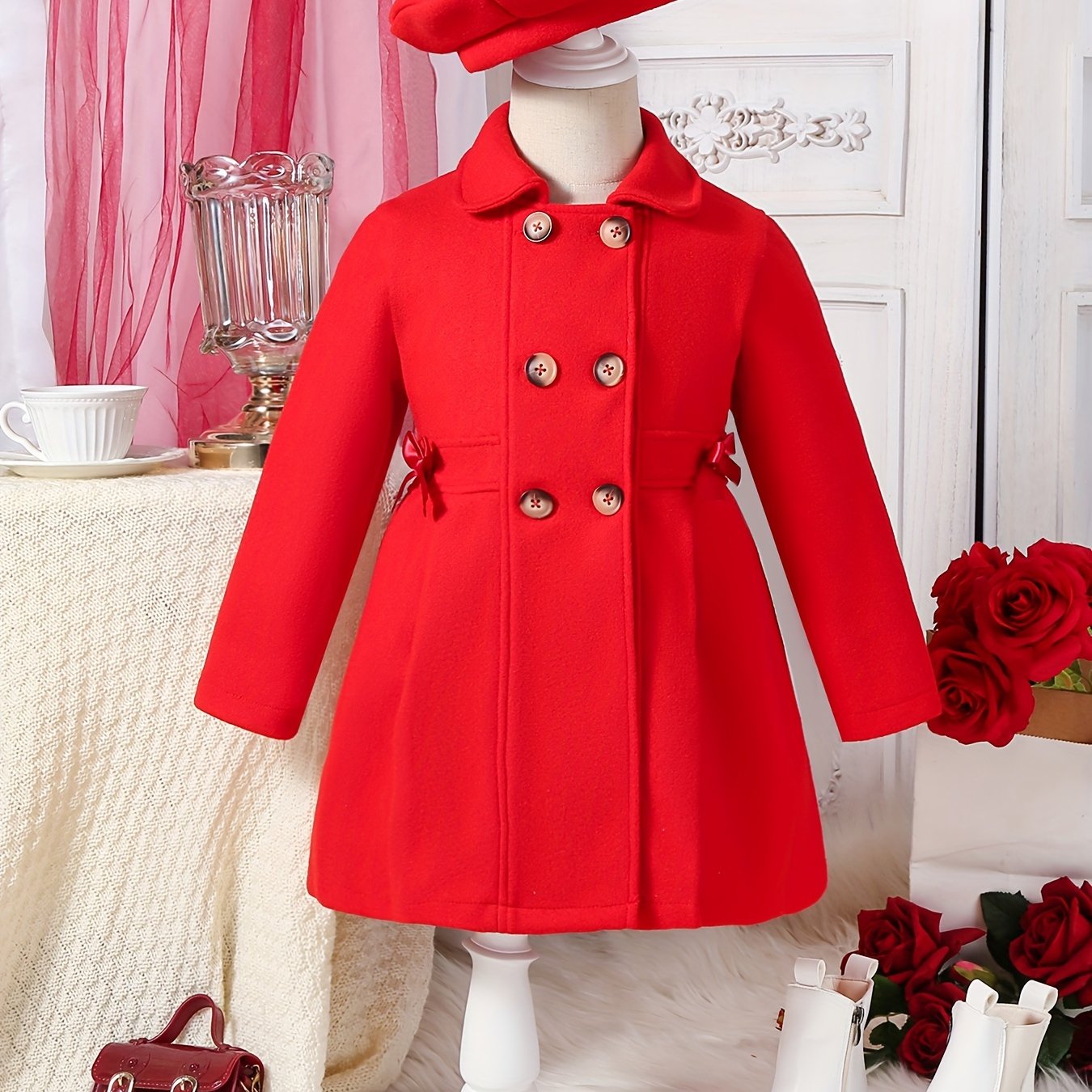 Girls Casual Polyester Trench Coat with Lapel Collar Double-Breasted Bow and Hat