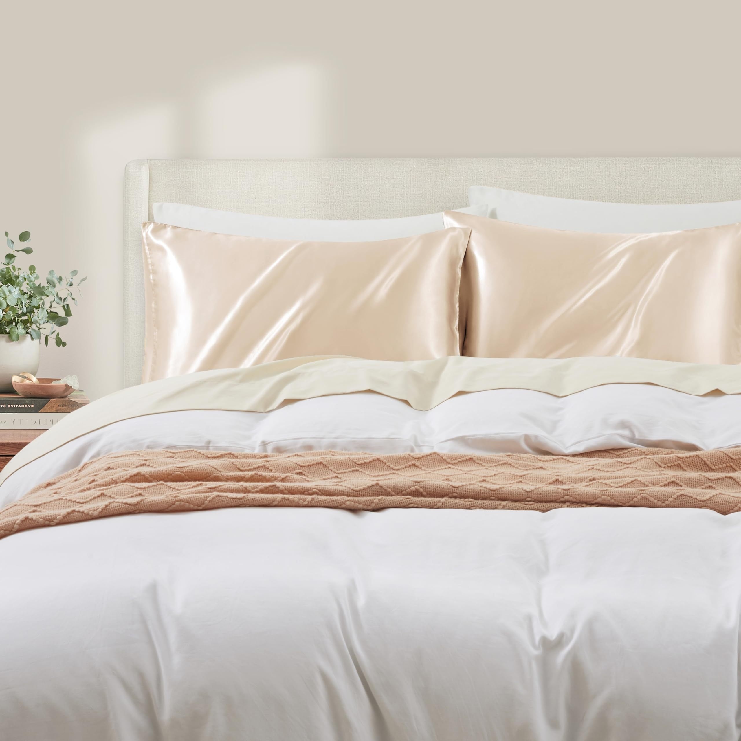 Set of 2 White Satin Pillowcases Breathable Cooling Hypoallergenic Sleep