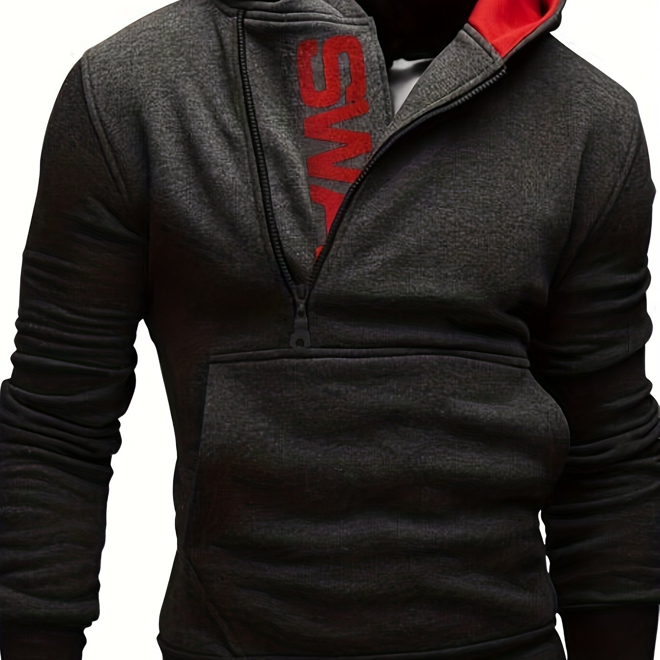 Men's Long Sleeve Letter Print Hoodie with Kangaroo Pocket Zipper and Hooded Collar for Casual Outdoor Sports in Autumn and Winter