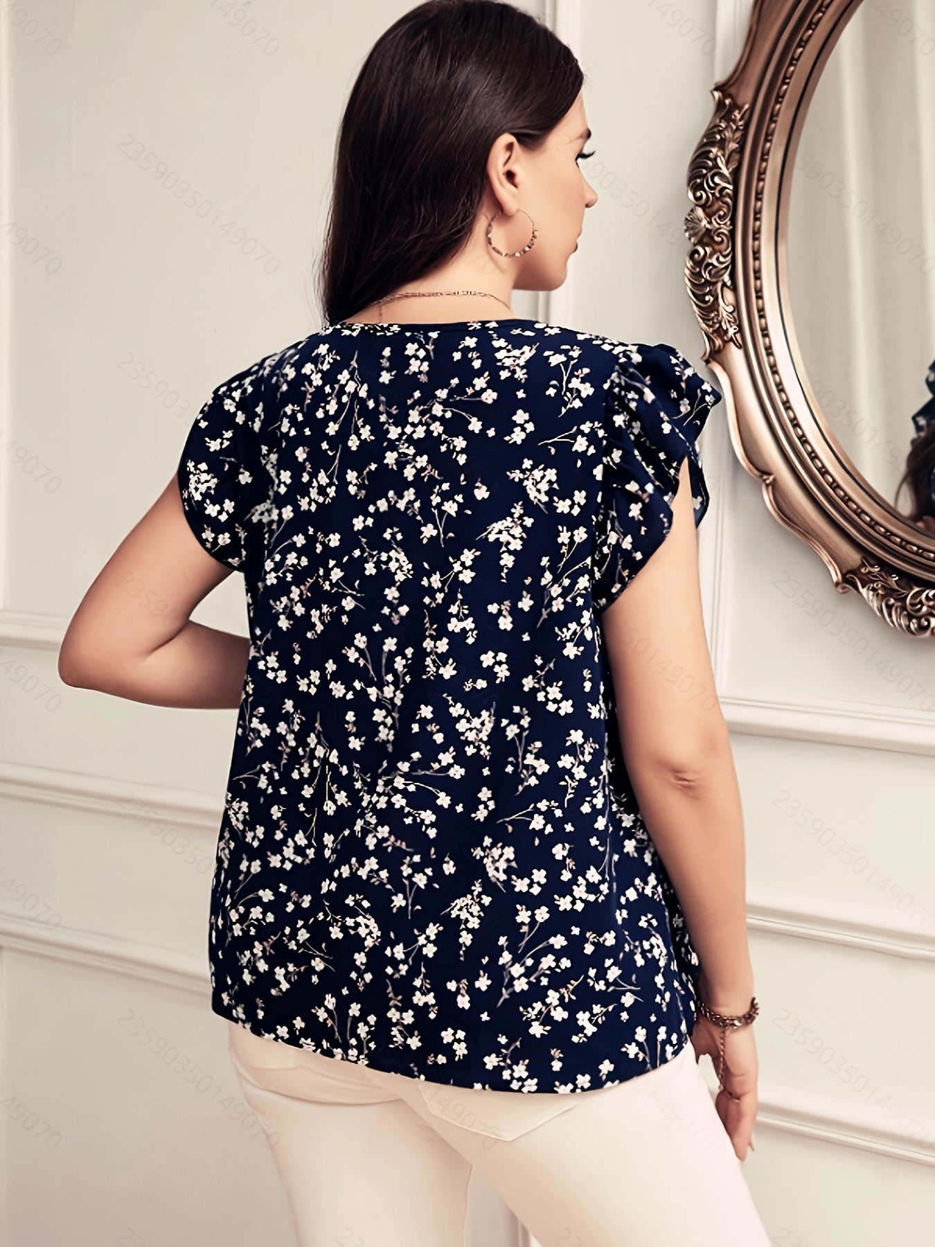 Plus Size Women's Printed Shirt Casual Short Sleeve Top Black 1X