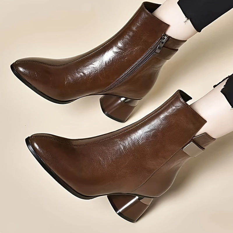 Women's Ankle Boots with Chunky Heel Faux Leather Pointed Toe Side Zipper Rubber Sole