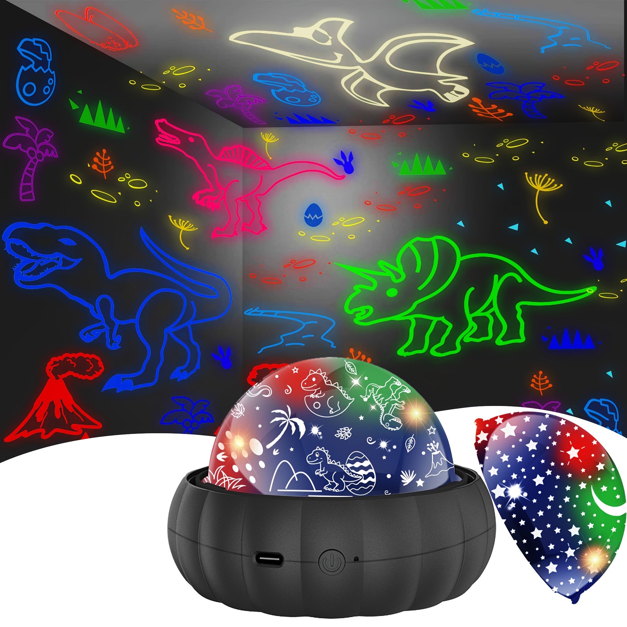 Night Light with Dinosaur and Moon Stars Galaxy Projection 360° Rotation Color Changing for Kids Bedroom