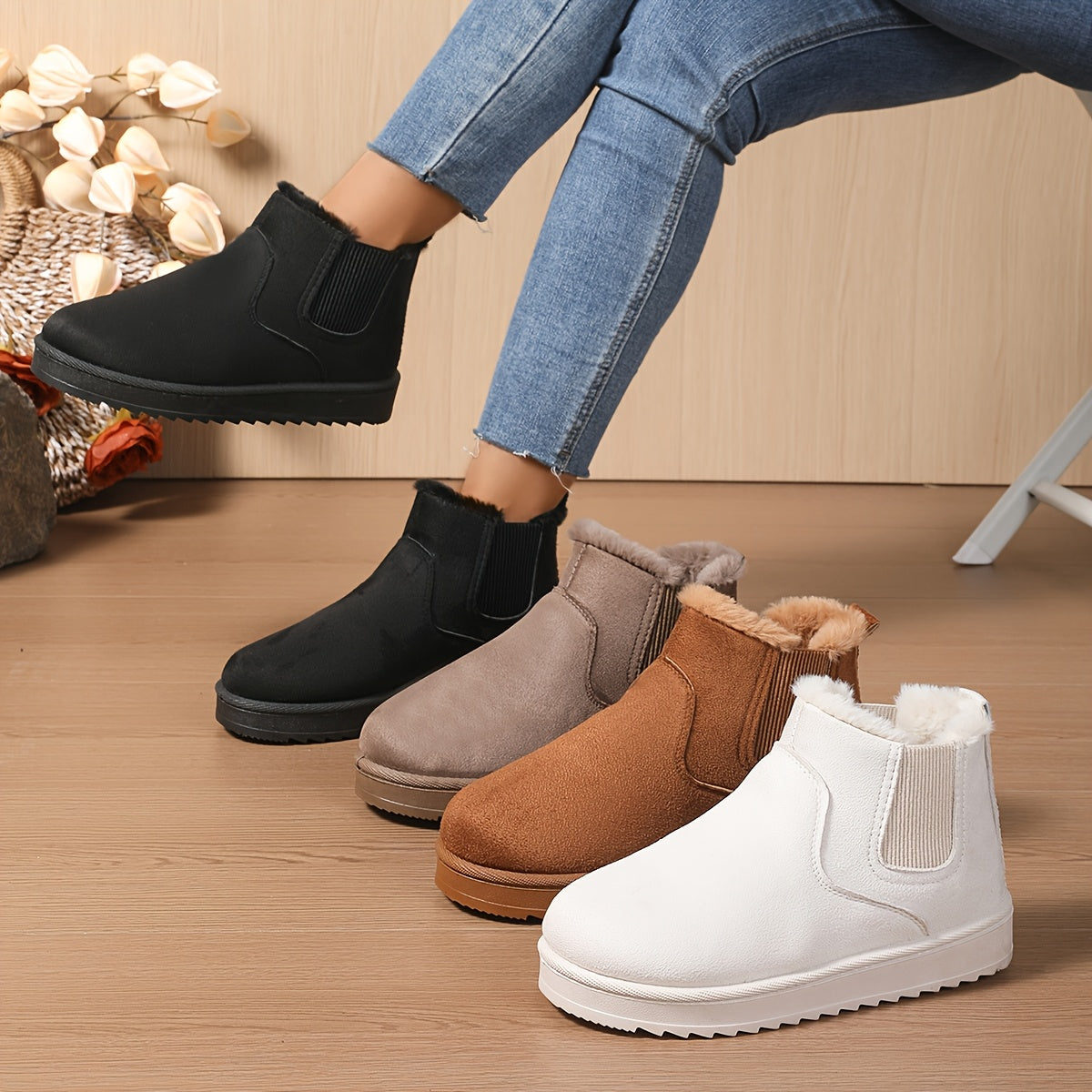 Women Fluffy Snow Boots Solid Color Winter Plush Lined Warm Shoes