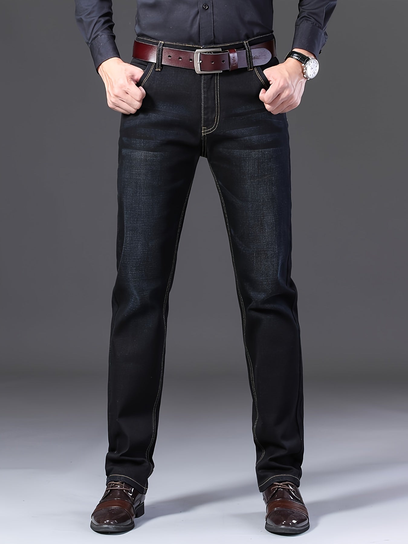 Men's Solid Denim Jeans with Light Business Style Straight Leg Slightly Stretchy Casual Pants