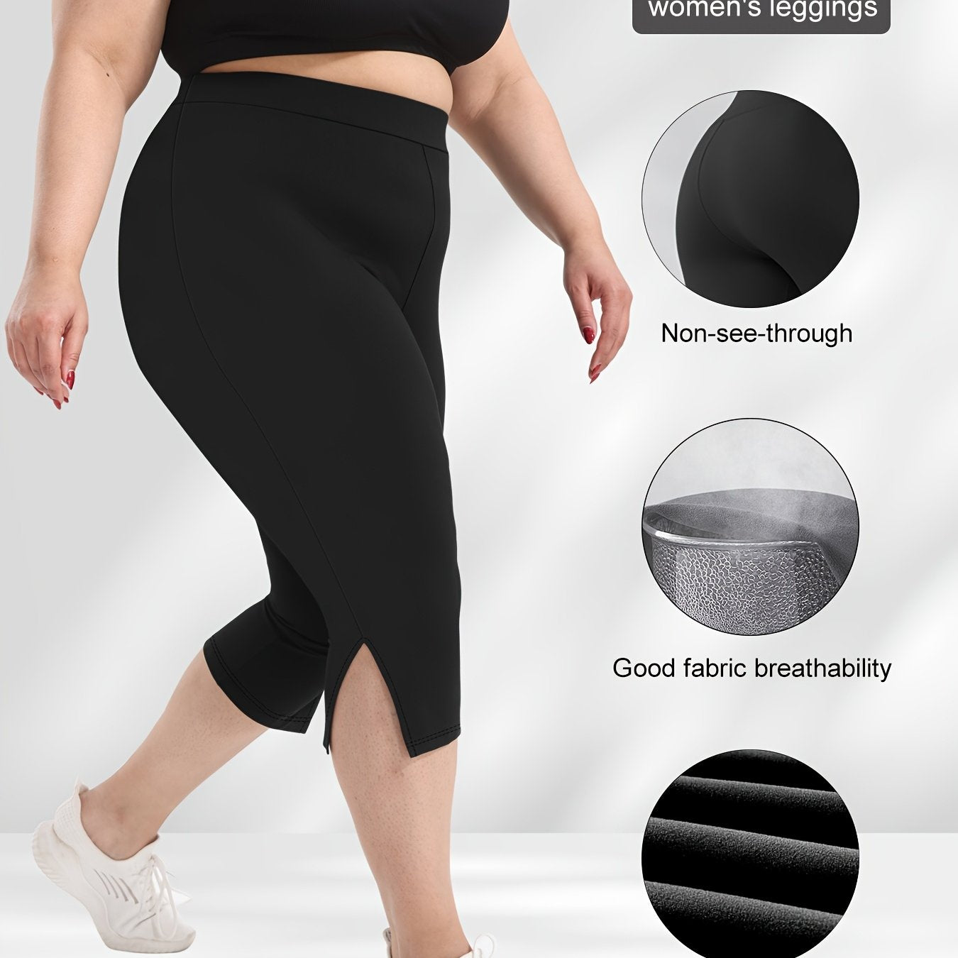 Plus Size High-Waist Knee Leggings with Side Slit Stretchy Polyester Blend