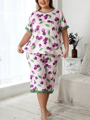Women's Cherry Print Loungewear Set with Ruffled Sleeves and Cropped Pants