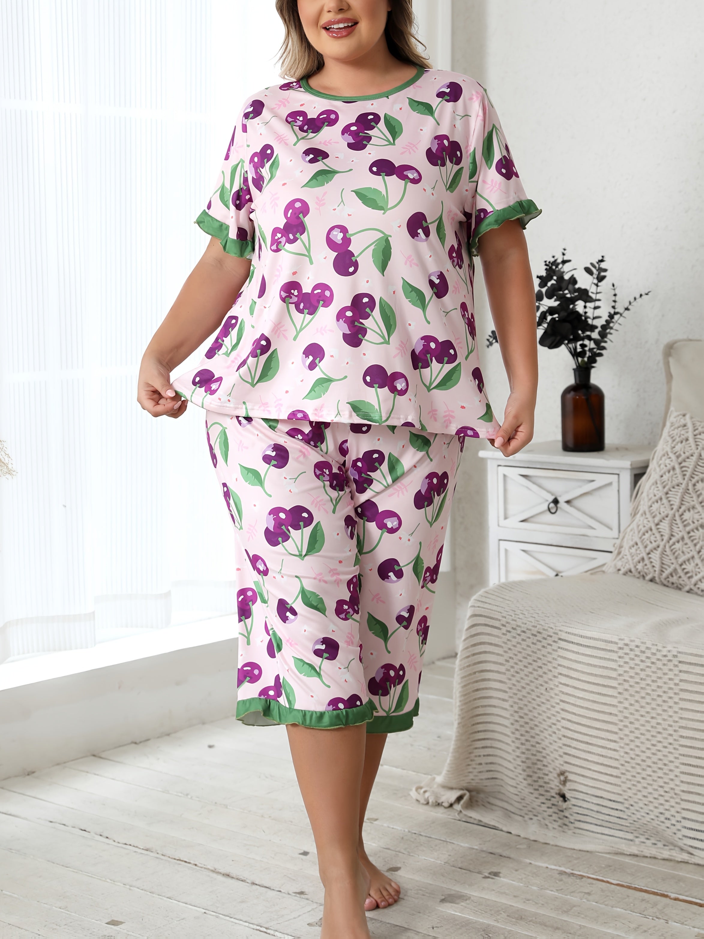 Conjunto de ropa de descanso con estampado de cerezas para mujer, con mangas con volantes y pantalones cortos