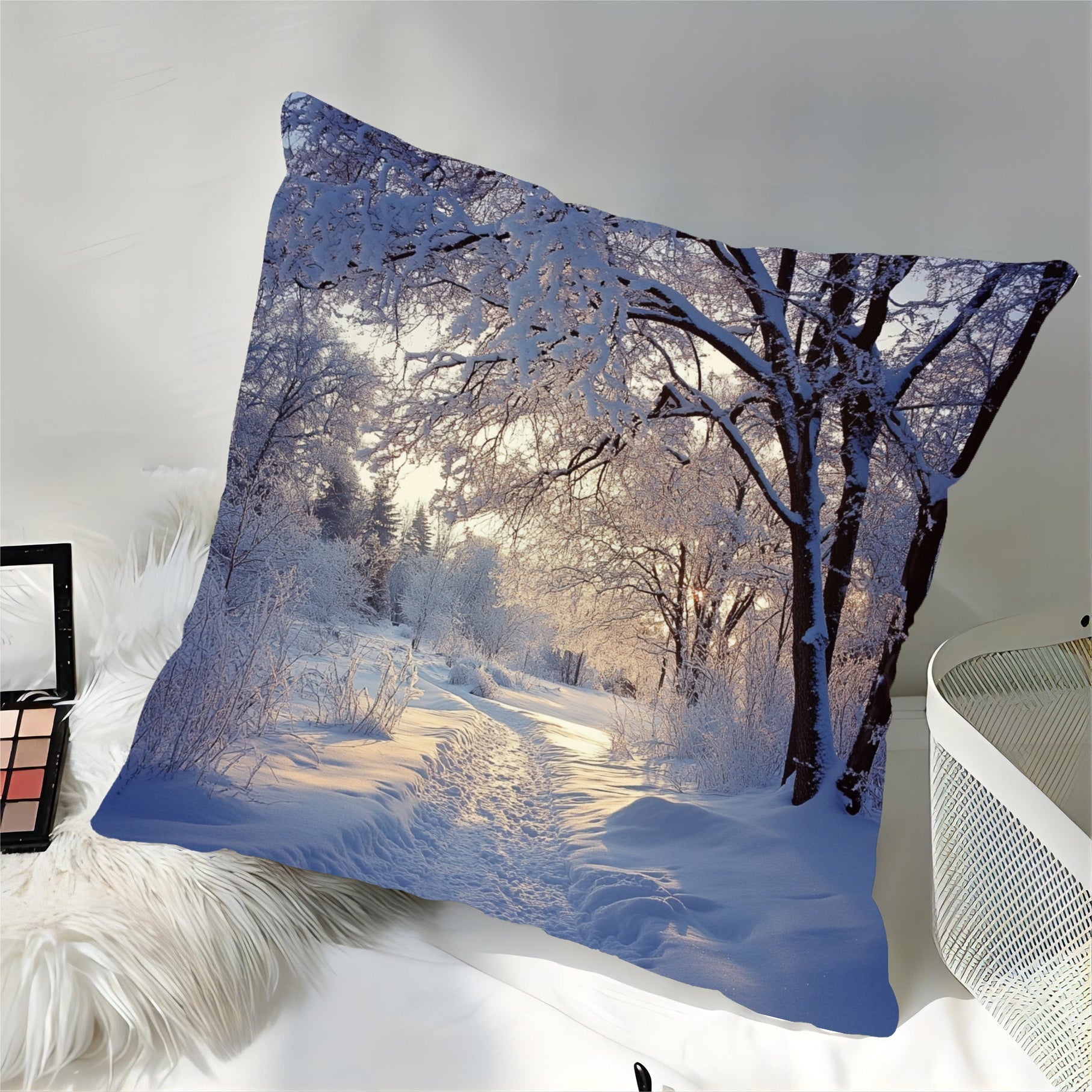 Winter Wonderland Snow Scene Throw Pillow Cover 45.72cm Short Plush Polyester