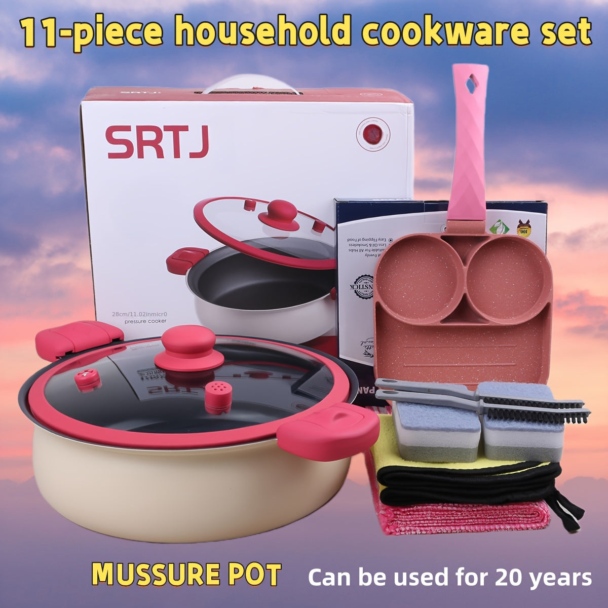 11-ta qismli oshxona to'plami, jumladan wok, qovurish panasi, sho'rva qozoni, bosimli qozon