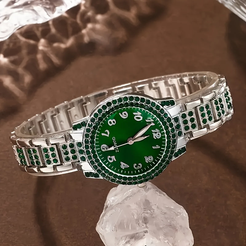 Women's Accessory Set with Quartz Watch, Green Crystals, Jewelry, Teardrop Design