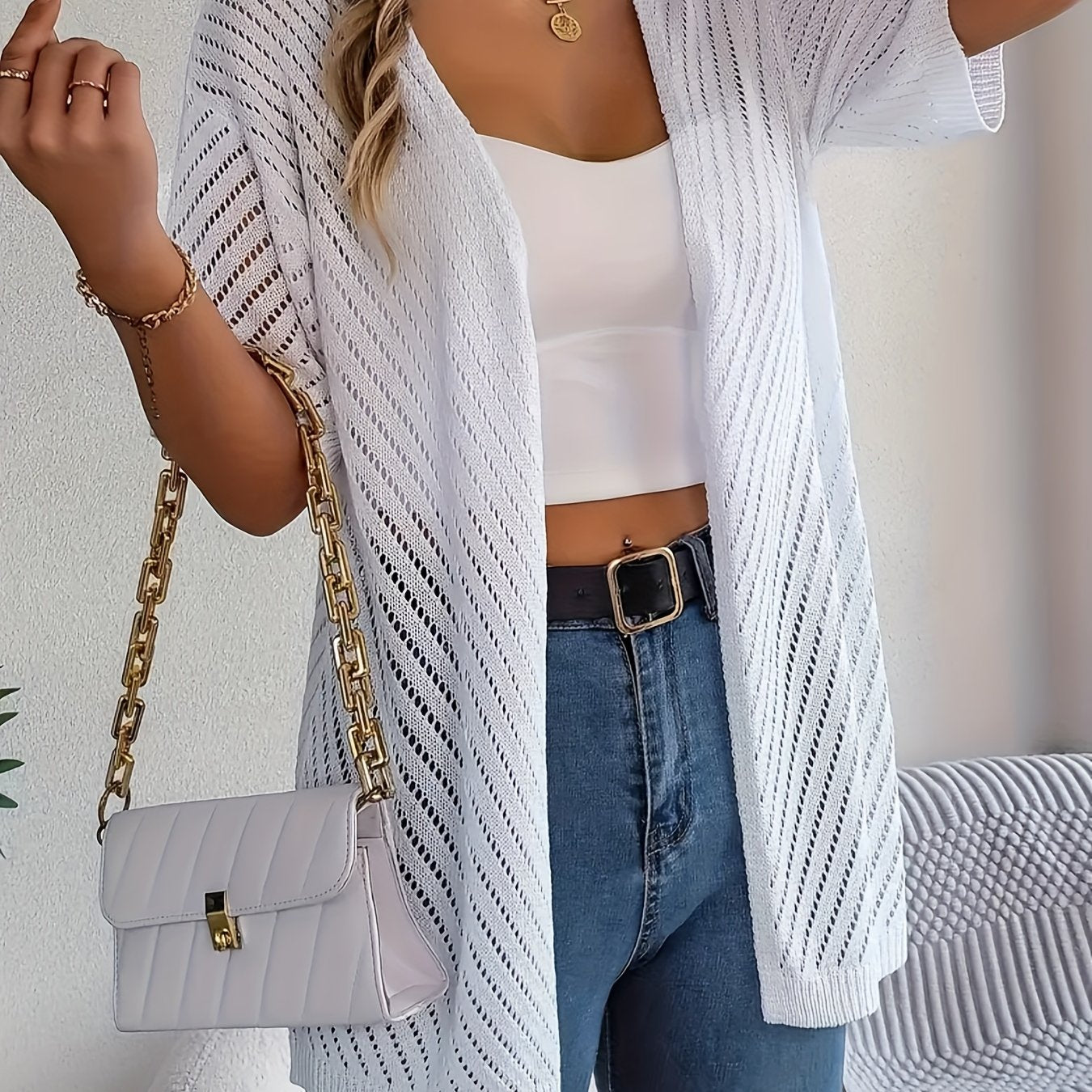 Plus o'lcham ayollar uchun krochet kardigan yengil nafas oladigan qisqa yengli bir rangli bahor yoz