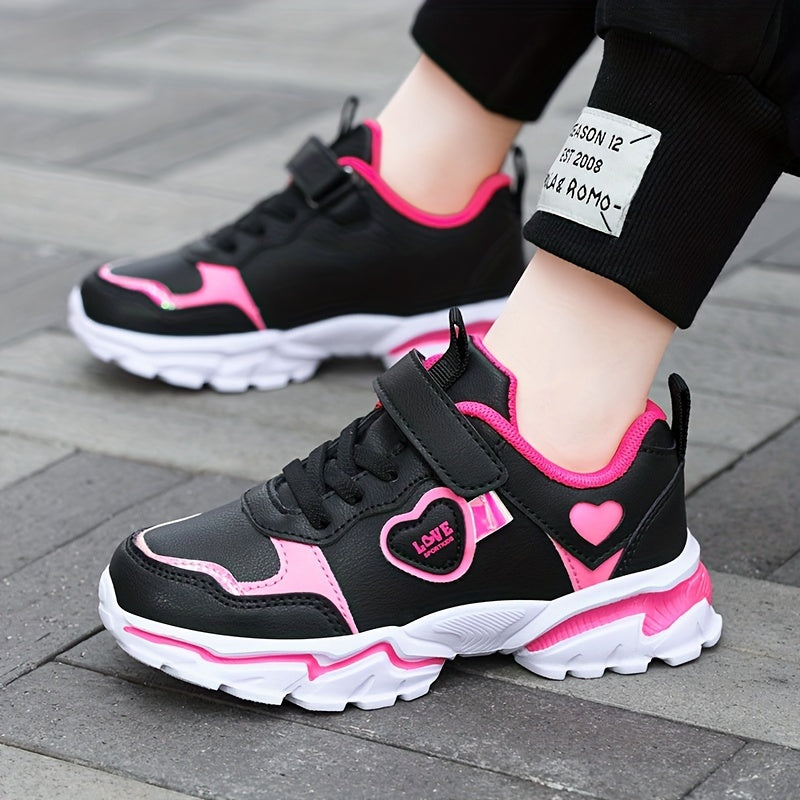 Girls Running Shoes Black and Pink Lightweight Glow-in-the-Dark Hook-and-Loop Sneakers