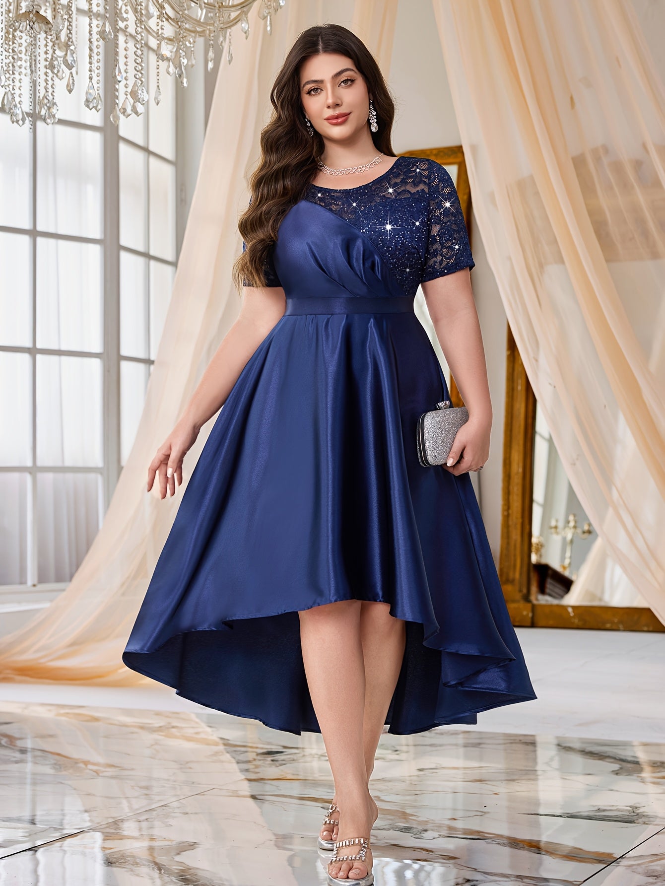 Plus Size Lace Dress with Sequins Blue Sleeveless Knee-Length