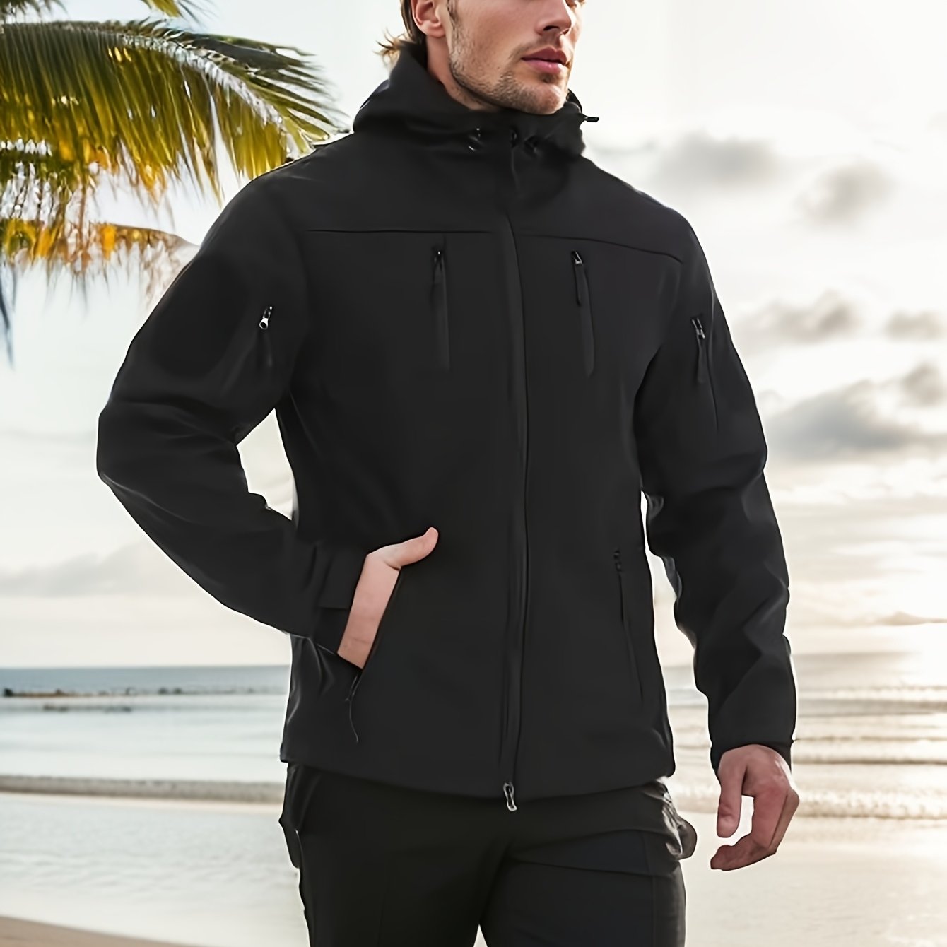 Men's Softshell Tactical Jacket Hooded Zipper Closure Warm Fall Winter Outerwear