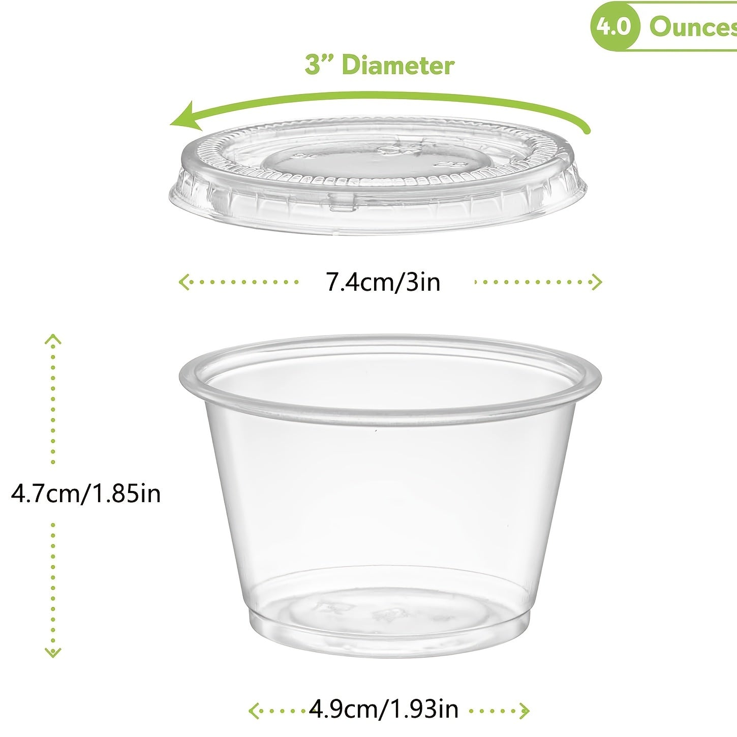 50 yoki 100 dona yopiq bir martalik porsiya stakanlari, 2oz, 3.25oz va 5.5oz o'lchamlarida. Ovqat tayyorlash, porsiya nazorati, salat soslari va kichik ziravorlar uchun ideal. Oshxona asboblari va aksessuarlar to'plamingiz uchun zarur bo'lgan narsadir.