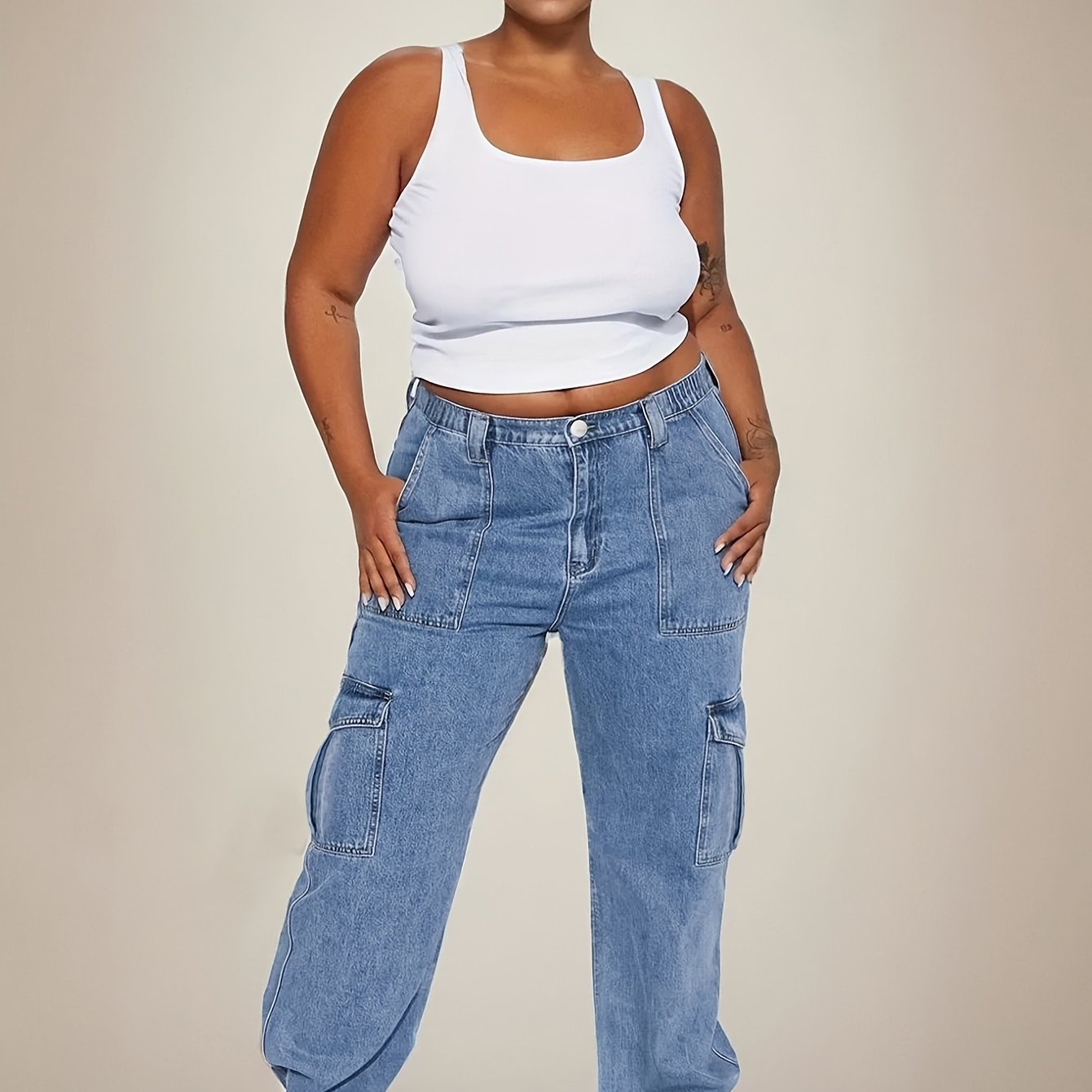 Women's Plus Size Denim Wide Leg Jeans Elastic Waist Multi Pocket Solid Color