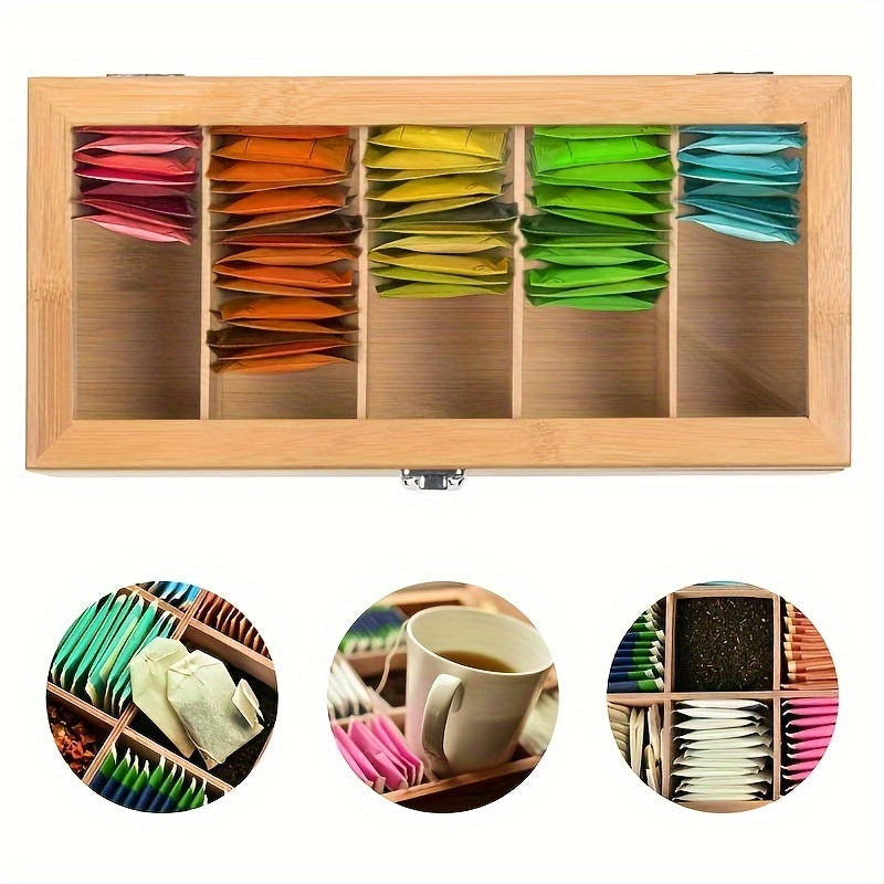 Bamboo Tea Bag Organizer Storage Box with Clear Lid Coffee and Teabag Compartments