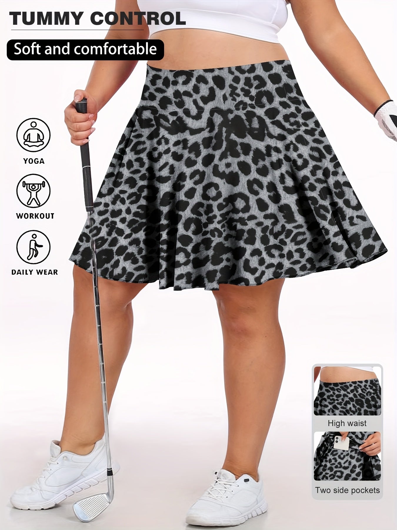 Women's Plus Size Leopard Print High-Waist Skort with Pockets for Tennis Casual Wear