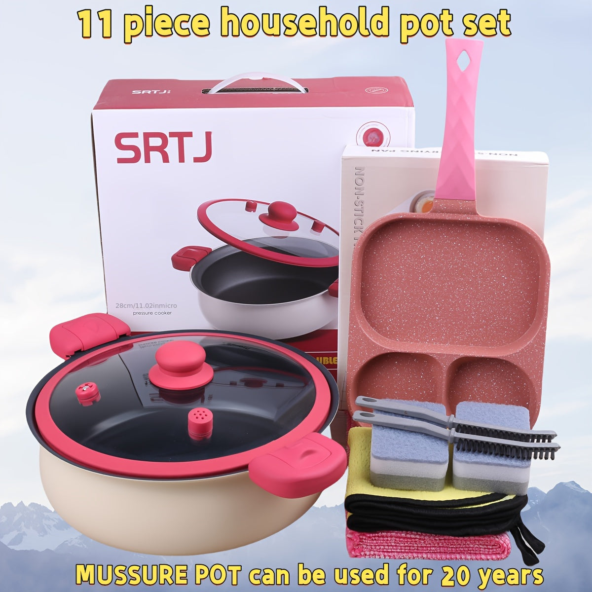 11-ta qismli oshxona to'plami, jumladan wok, qovurish panasi, sho'rva qozoni, bosimli qozon