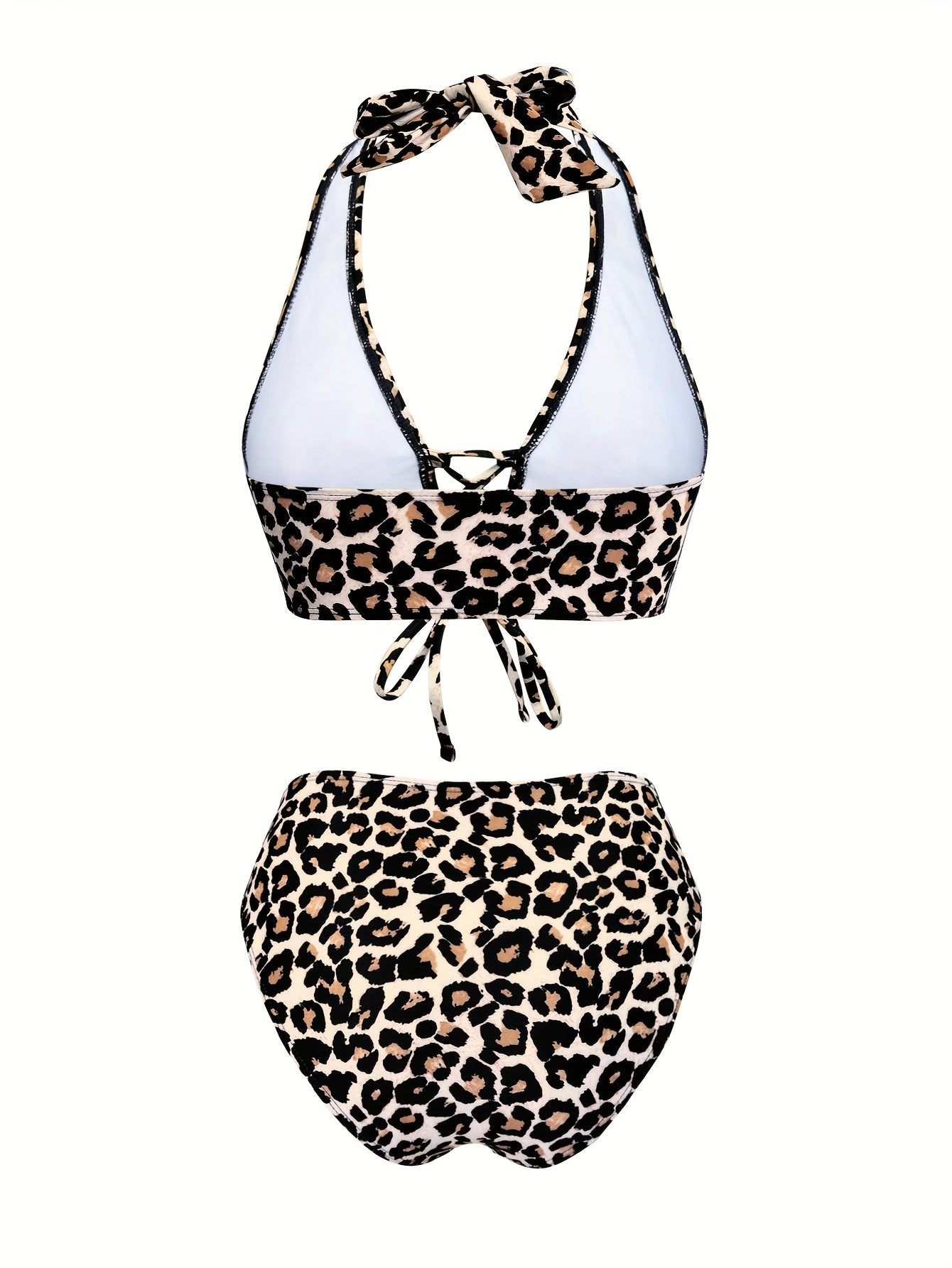 Leopard Print Two-Piece Swimsuit Polyester Cross Strape Beachwear for Women