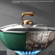 Induksion va gaz pechlari uchun qopqoq bilan qoplangan, antibakterial, yopishqoq bo'lmagan qozon - yuqori chidamlilik va estetik jozibaga ega tutun chiqarmaydigan qovurish panasi.