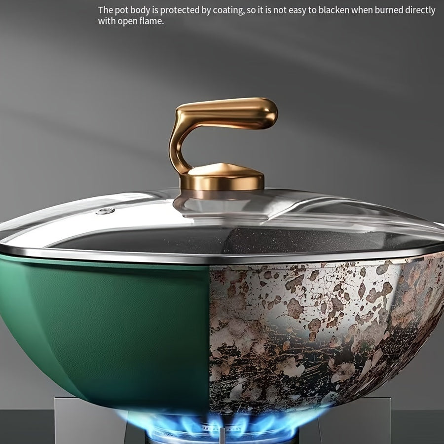 Induksion va gaz pechlari uchun qopqoq bilan qoplangan, antibakterial, yopishqoq bo'lmagan qozon - yuqori chidamlilik va estetik jozibaga ega tutun chiqarmaydigan qovurish panasi.