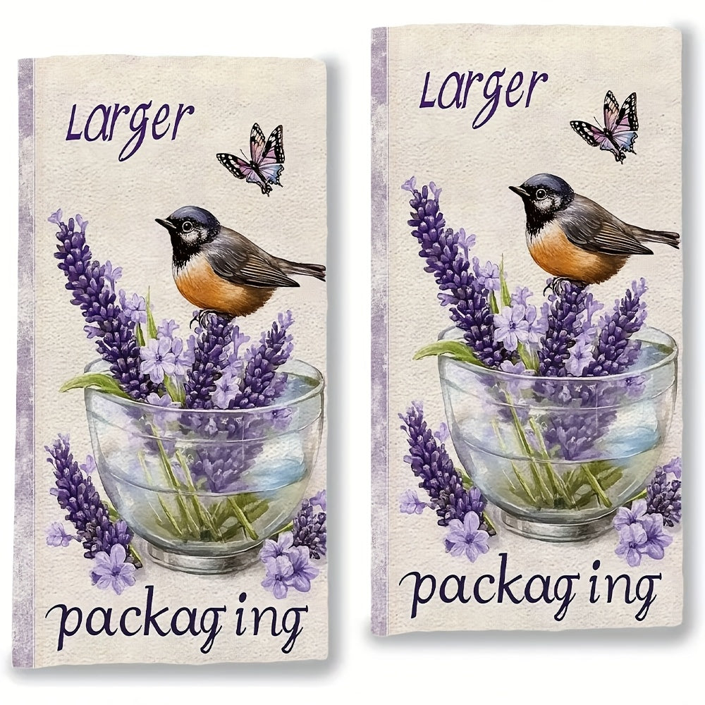 Lavender Kitchen Towels Set with Birds and Butterflies, Highly Absorbent, 16x24 Inches