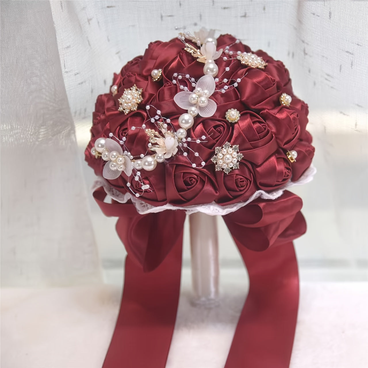 Satin Rose Wedding Bouquet Handcrafted Bridal Wrist Corsage Blue White for Bridesmaids and Events