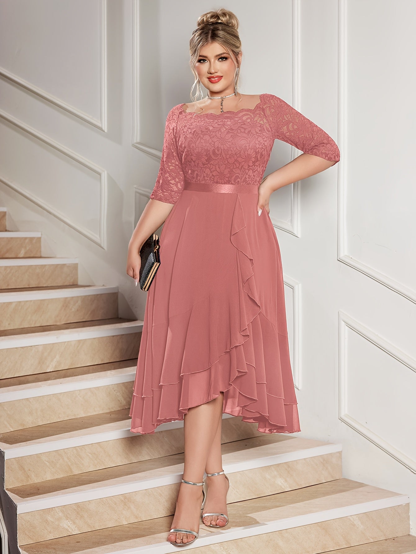 Plus Size Off Shoulder Lace Chiffon Midi Dress Ruffle Sleeve Wedding Party